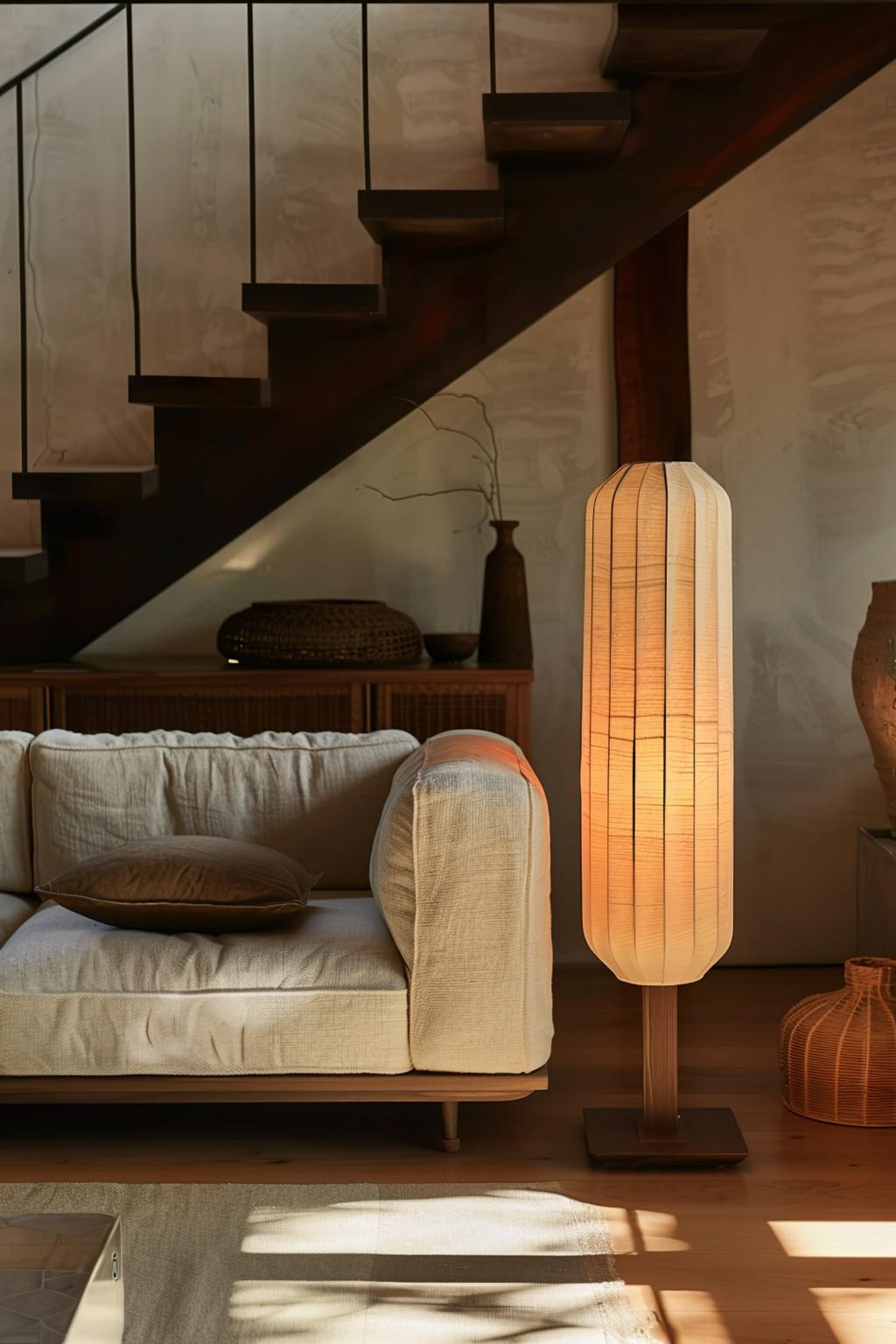 Organic floor lamp positioned beside a lounge chair in a contemporary residential living room creating warm ambient lighting and a calm natural atmosphere.