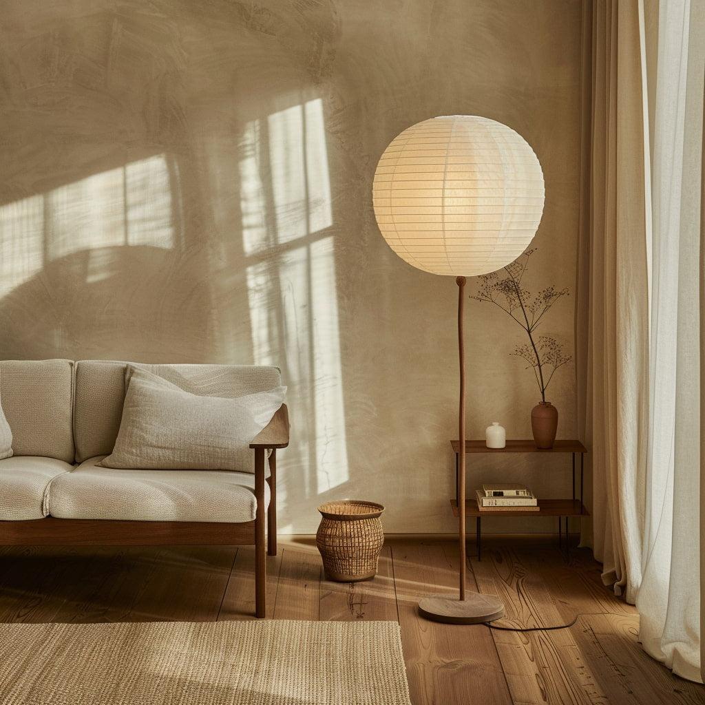 Organic floor lamp positioned beside a lounge chair in a contemporary residential living room creating warm ambient lighting and a calm natural atmosphere.