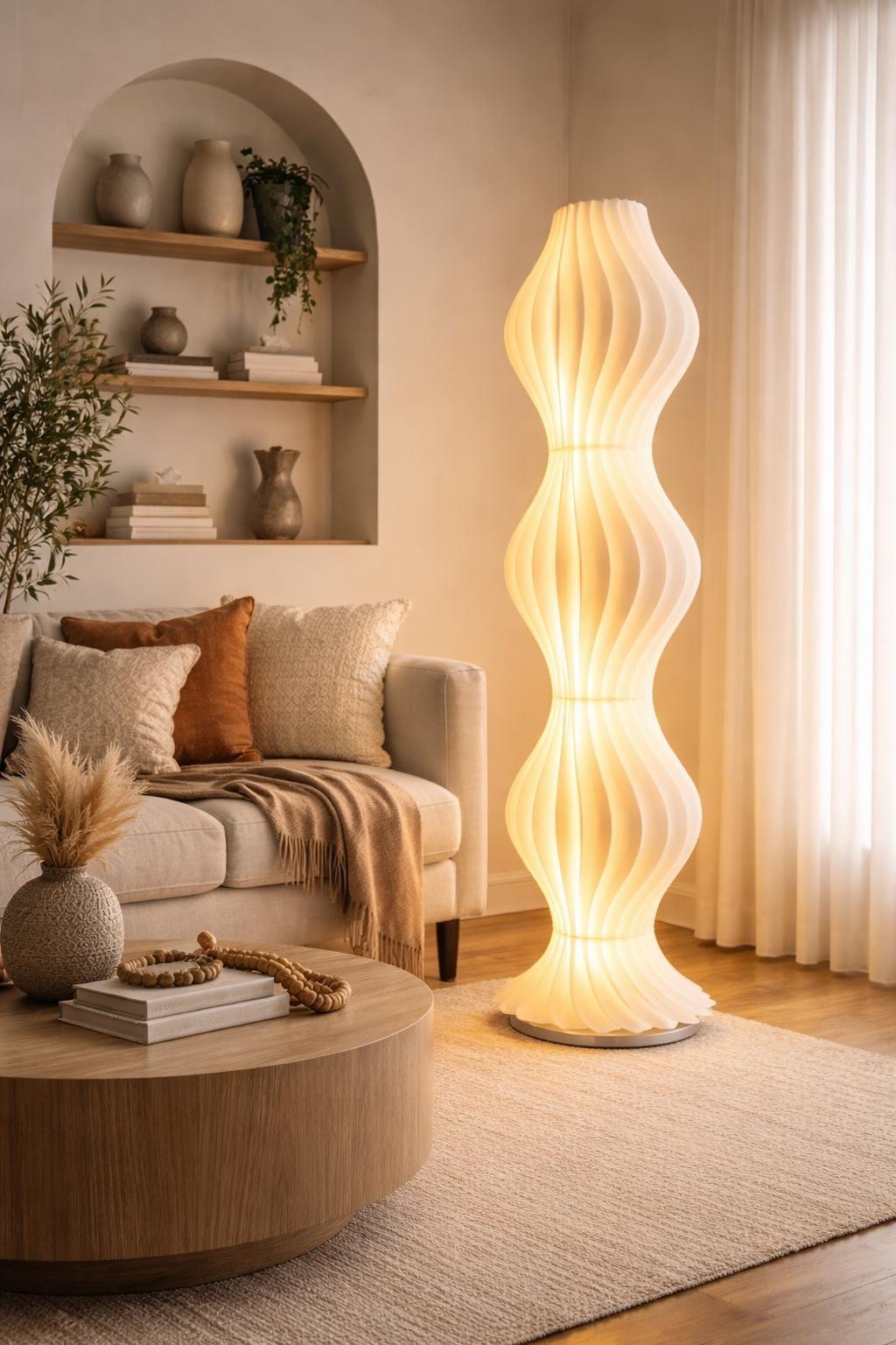 Organic floor lamp positioned beside a lounge chair in a contemporary residential living room creating warm ambient lighting and a calm natural atmosphere.
