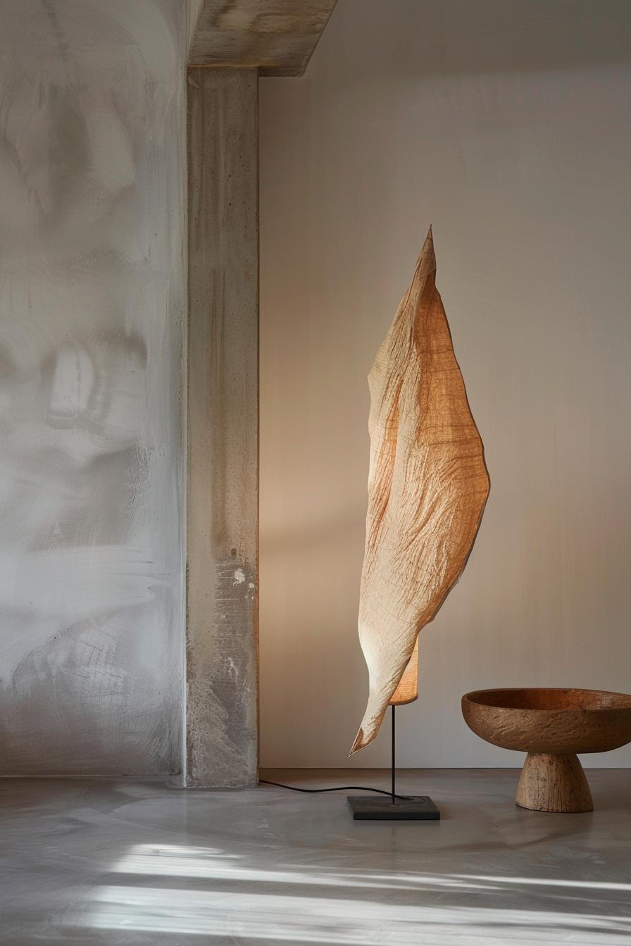 Organic floor lamp positioned beside a lounge chair in a contemporary residential living room creating warm ambient lighting and a calm natural atmosphere.