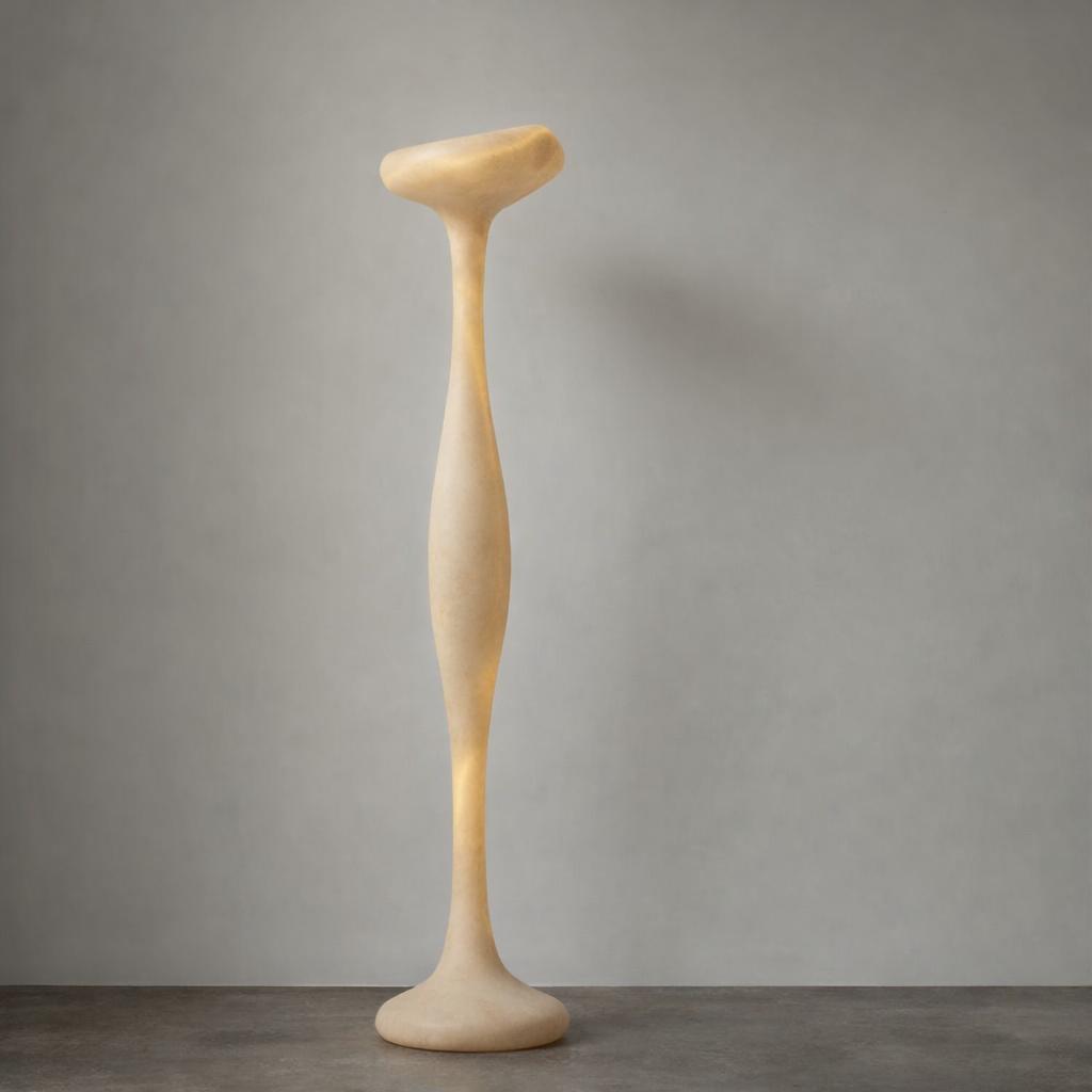 Front view of an organic floor lamp highlighting elegant curves, refined craftsmanship and contemporary design.