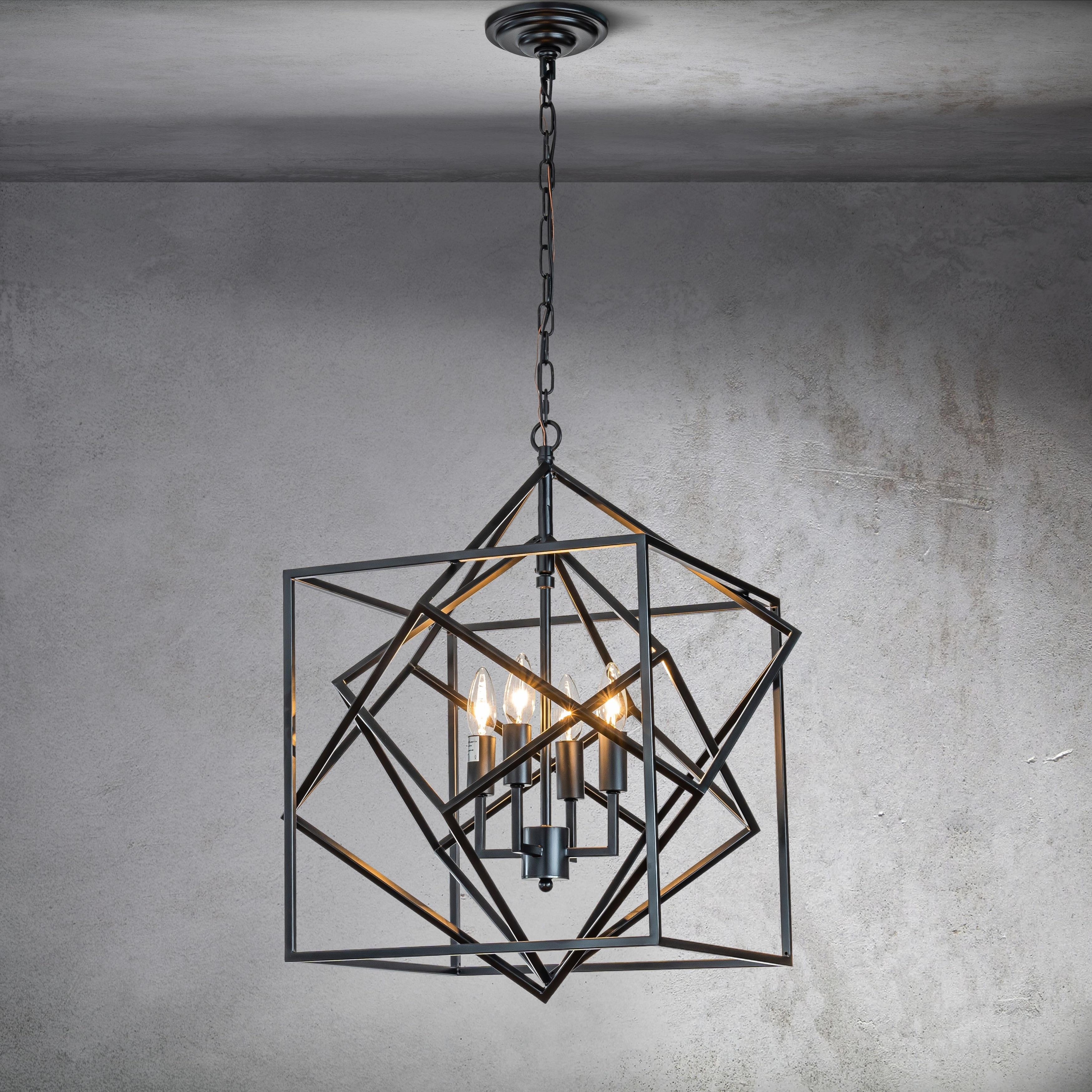 Front view of a contemporary cage chandelier with exposed metal geometry.