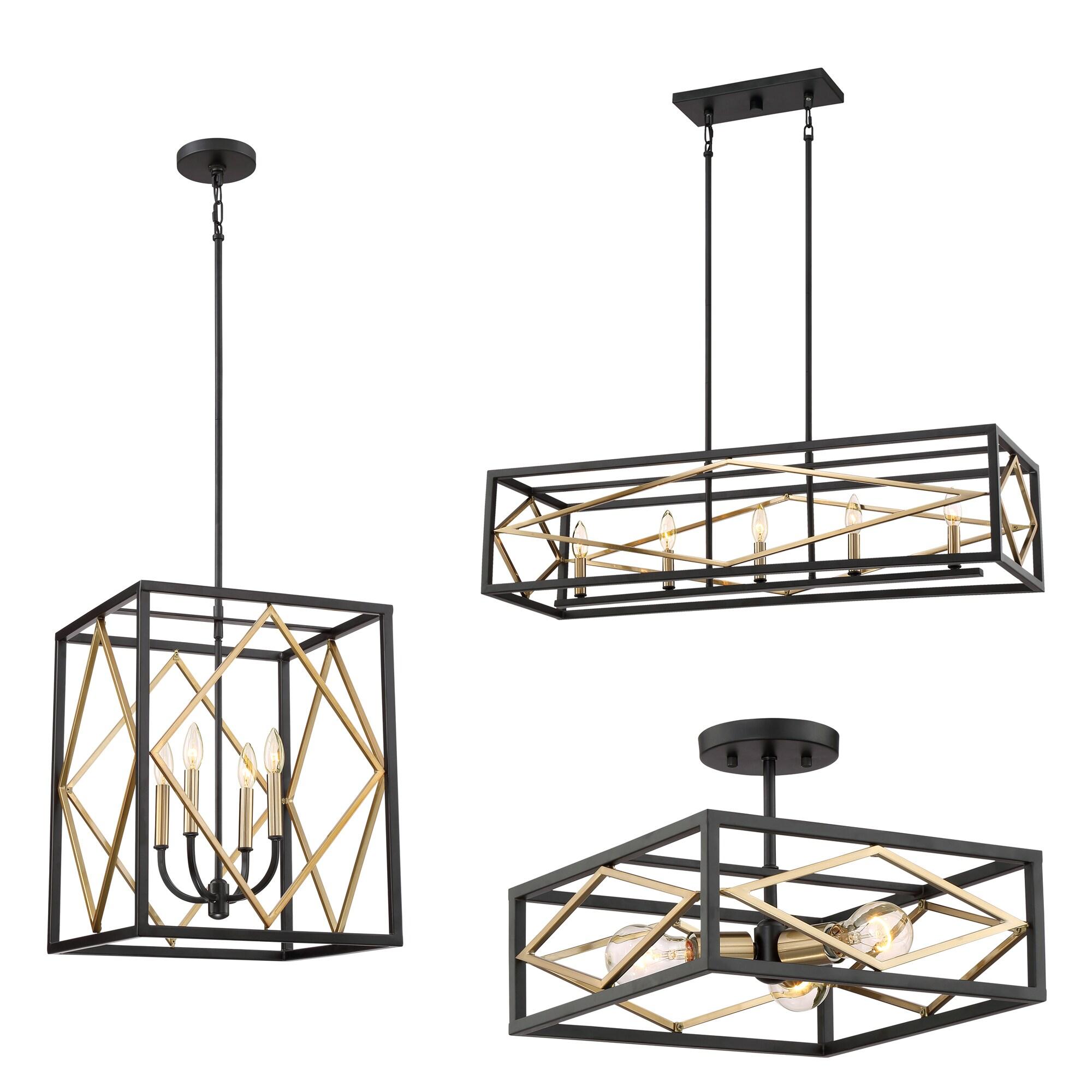 Cage chandelier family featuring circular, rectangular and geometric frame designs.