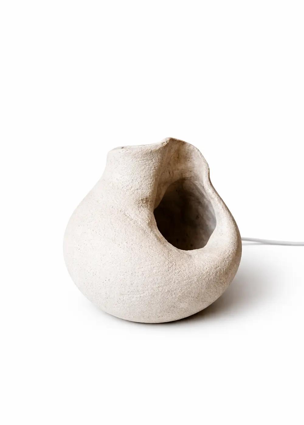 Organic table lamp photographed on a clean white background showcasing soft sculptural curves and natural materials.