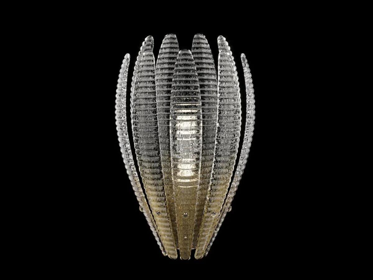 Front view of an elegant Murano wall lamp featuring artistic hand-blown glass.