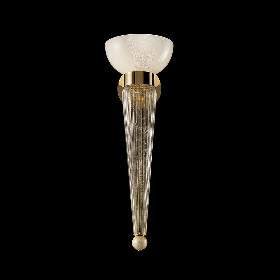 Front view of an elegant Murano wall lamp featuring artistic hand-blown glass.