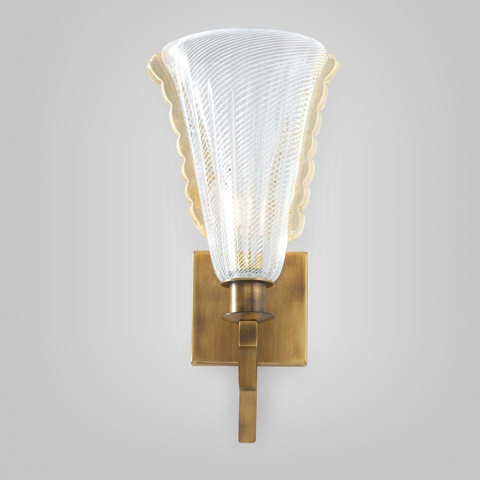 Front view of an elegant Murano wall lamp featuring artistic hand-blown glass.