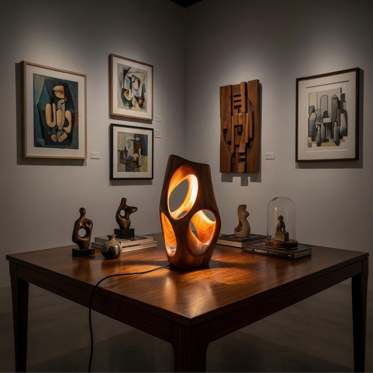 Sculptural table lamp displayed in a luxury hotel lobby creating an artistic focal point with elegant ambient lighting.