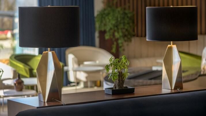 Sculptural table lamp displayed in a luxury hotel lobby creating an artistic focal point with elegant ambient lighting.