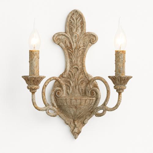 Front view of an elegant candle wall lamp featuring traditional European styling.