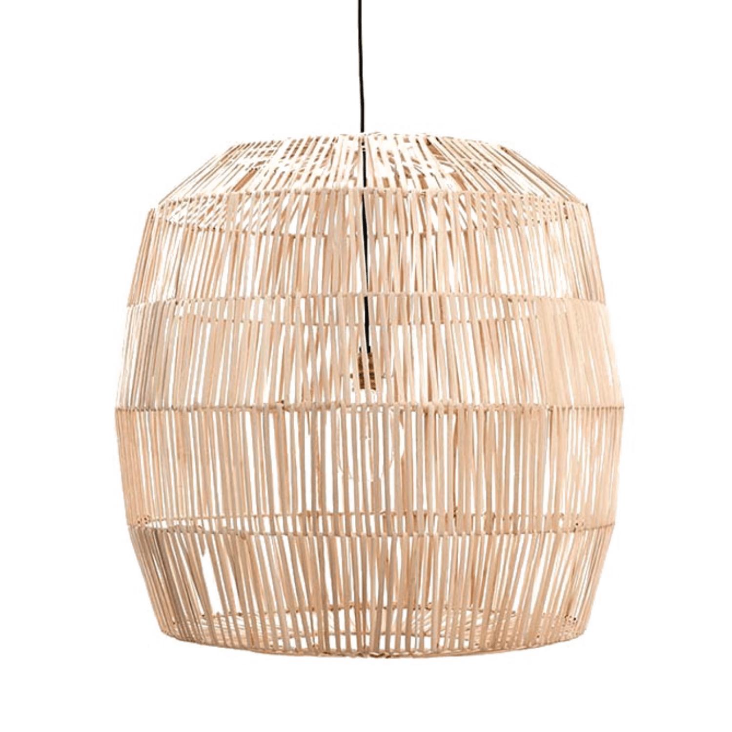 Handwoven rattan chandelier photographed on a clean white studio background.