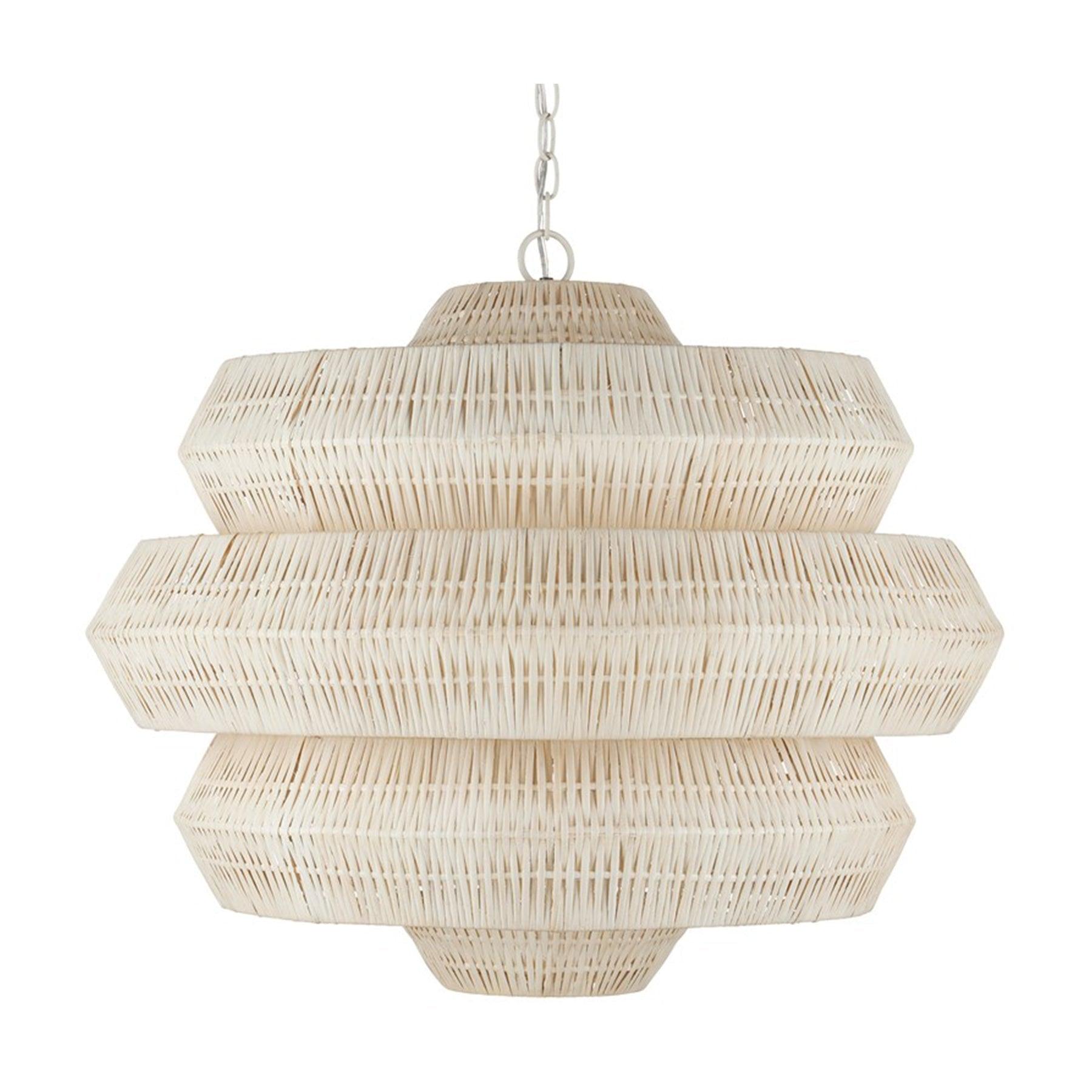 Handwoven rattan chandelier photographed on a clean white studio background.