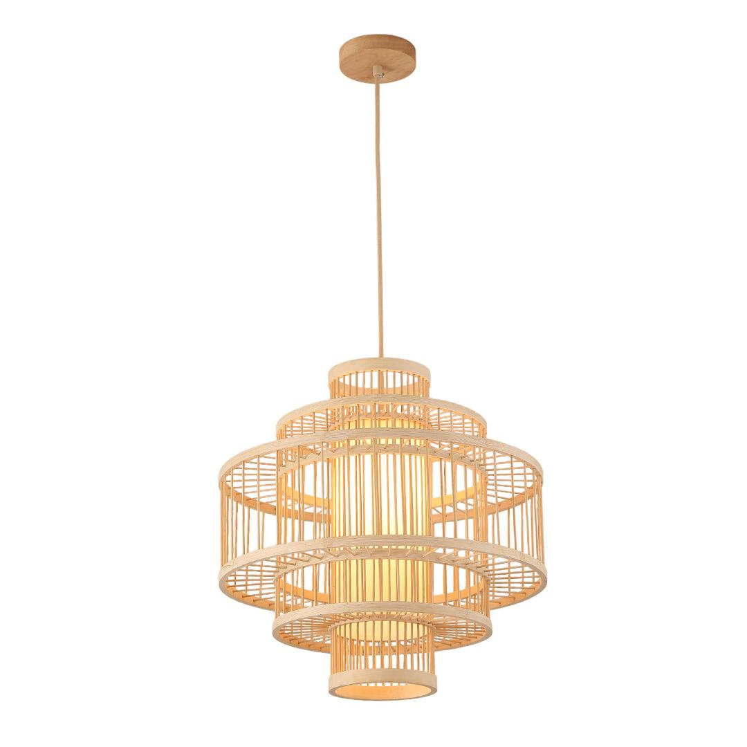 Handwoven rattan chandelier photographed on a clean white studio background.
