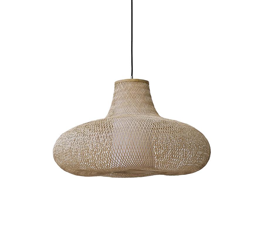 Handwoven rattan chandelier photographed on a clean white studio background.
