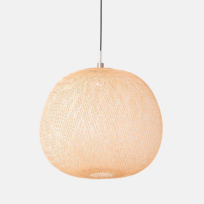 Front view of a woven chandelier crafted from natural fibers.
