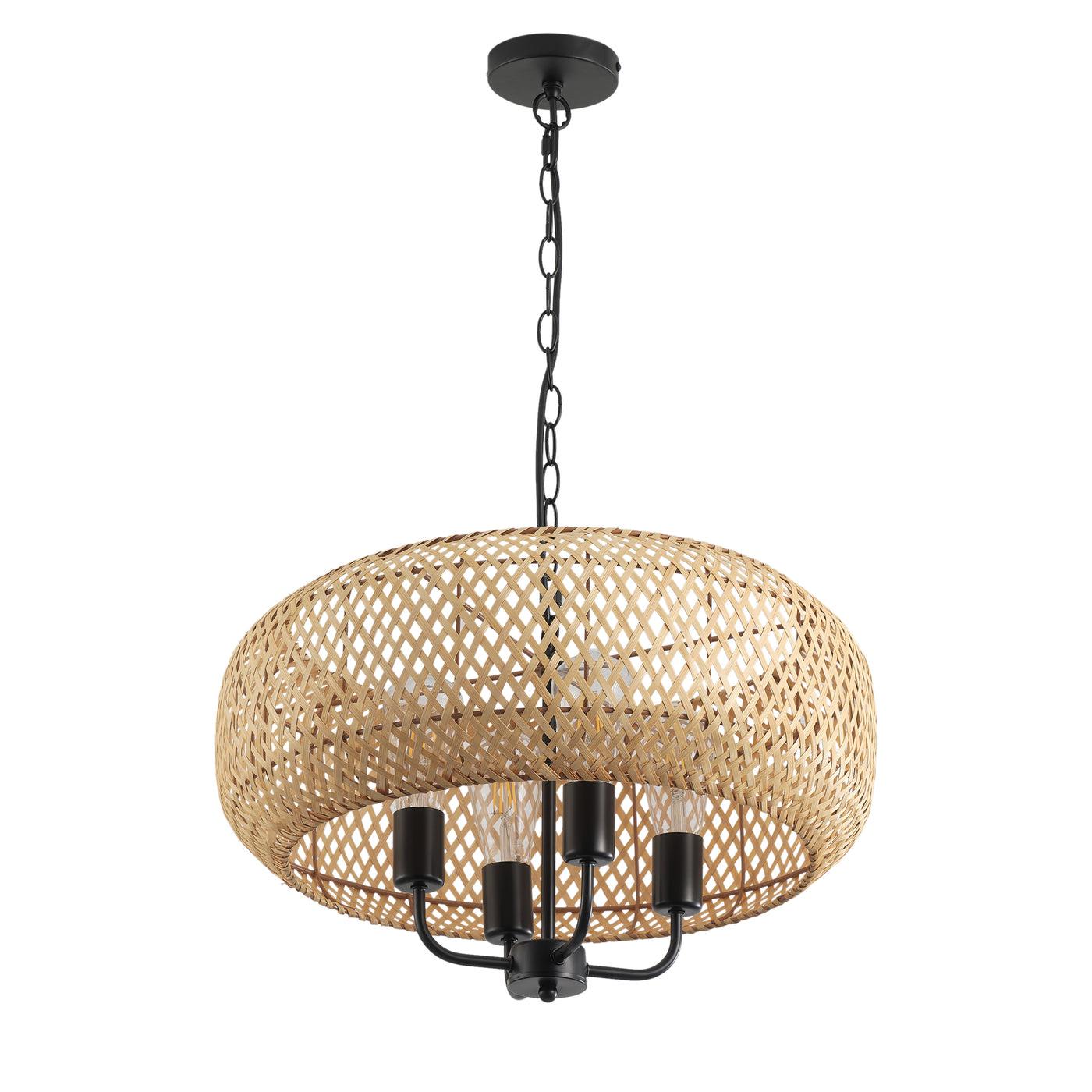 Handwoven rattan chandelier photographed on a clean white studio background.