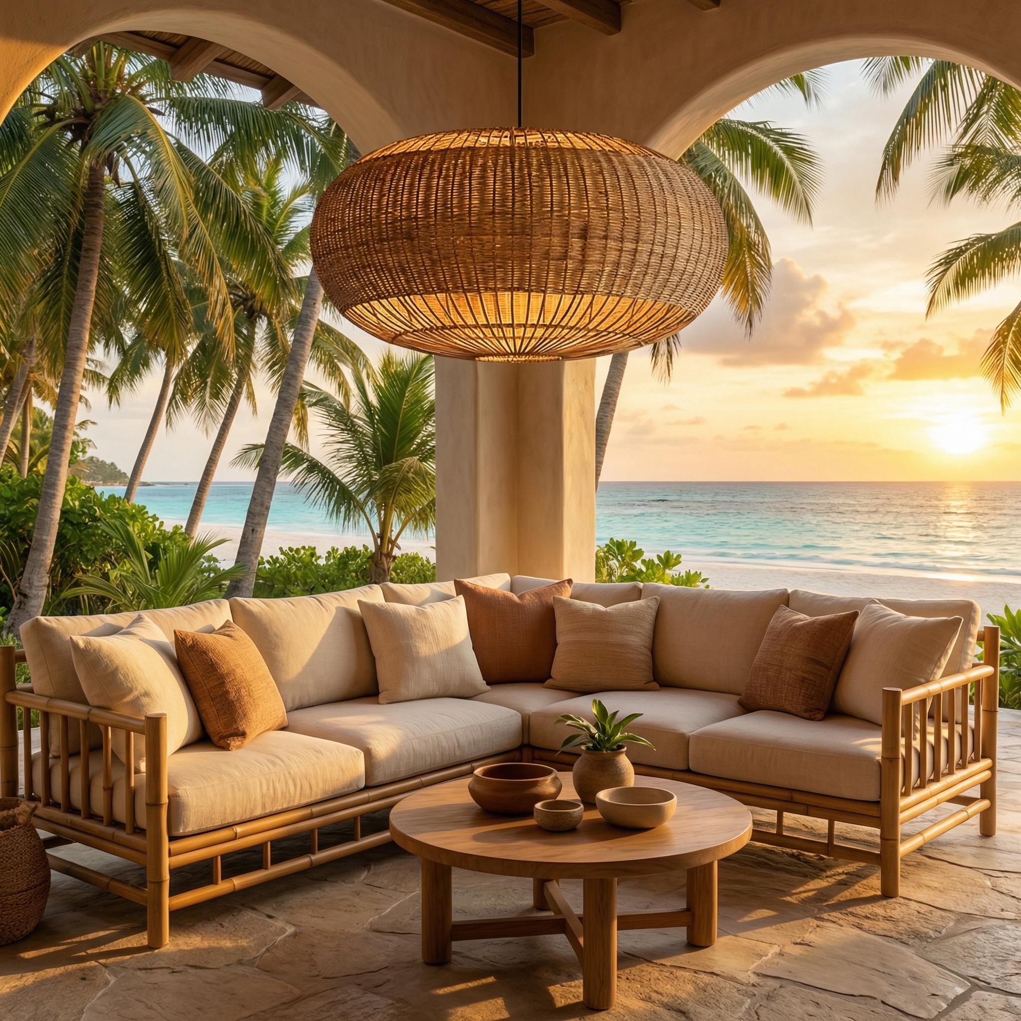 Woven chandelier installed in a luxury resort restaurant with contemporary natural architecture.