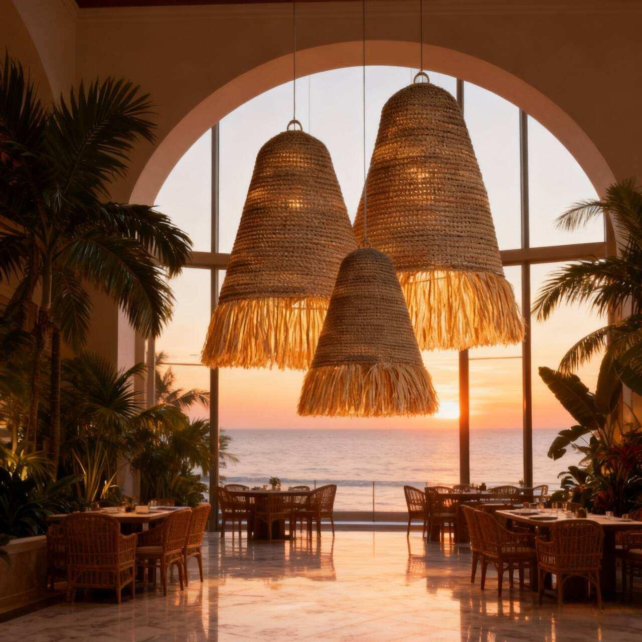 Woven chandelier installed in a luxury resort restaurant with contemporary natural architecture.