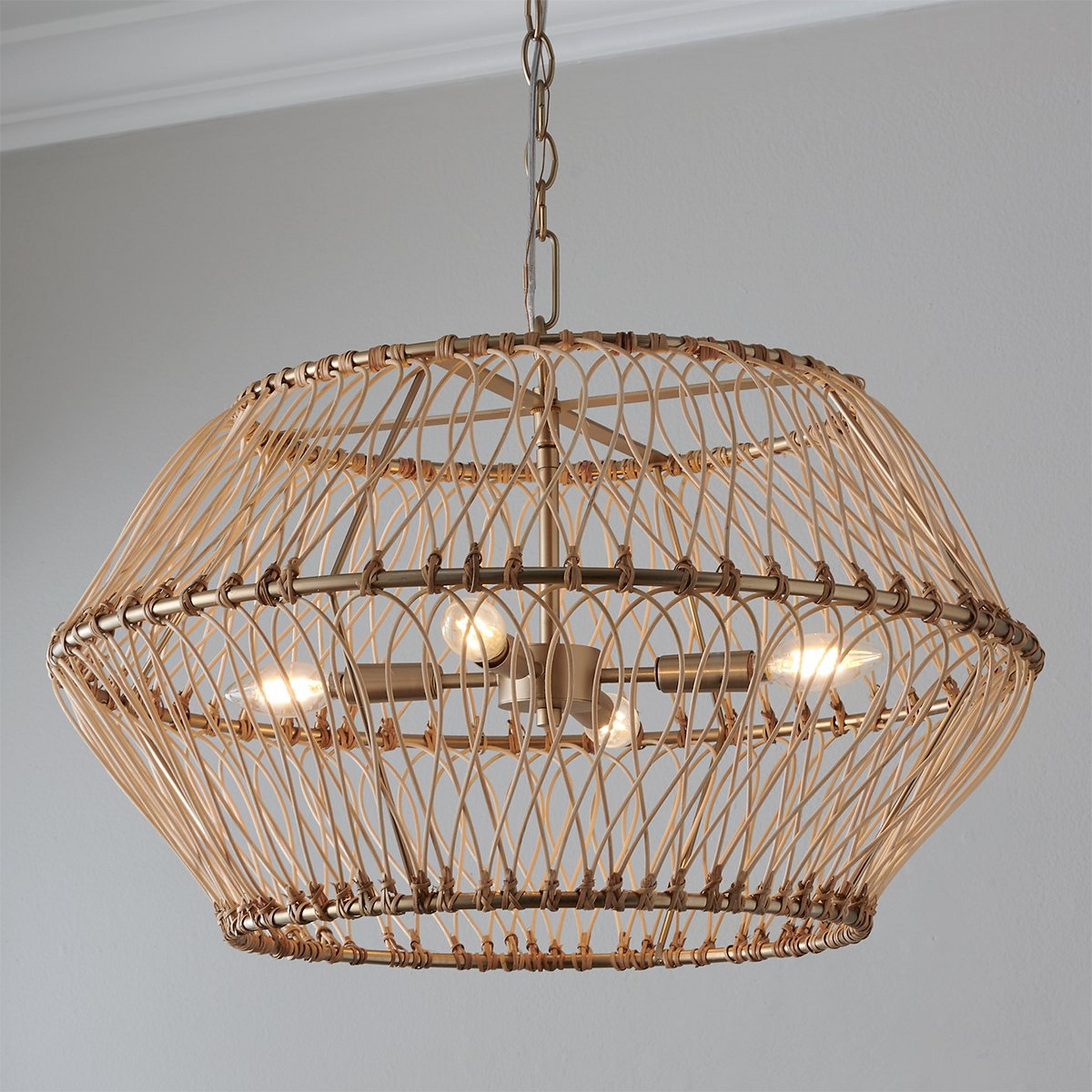 Front view of a woven chandelier crafted from natural fibers.