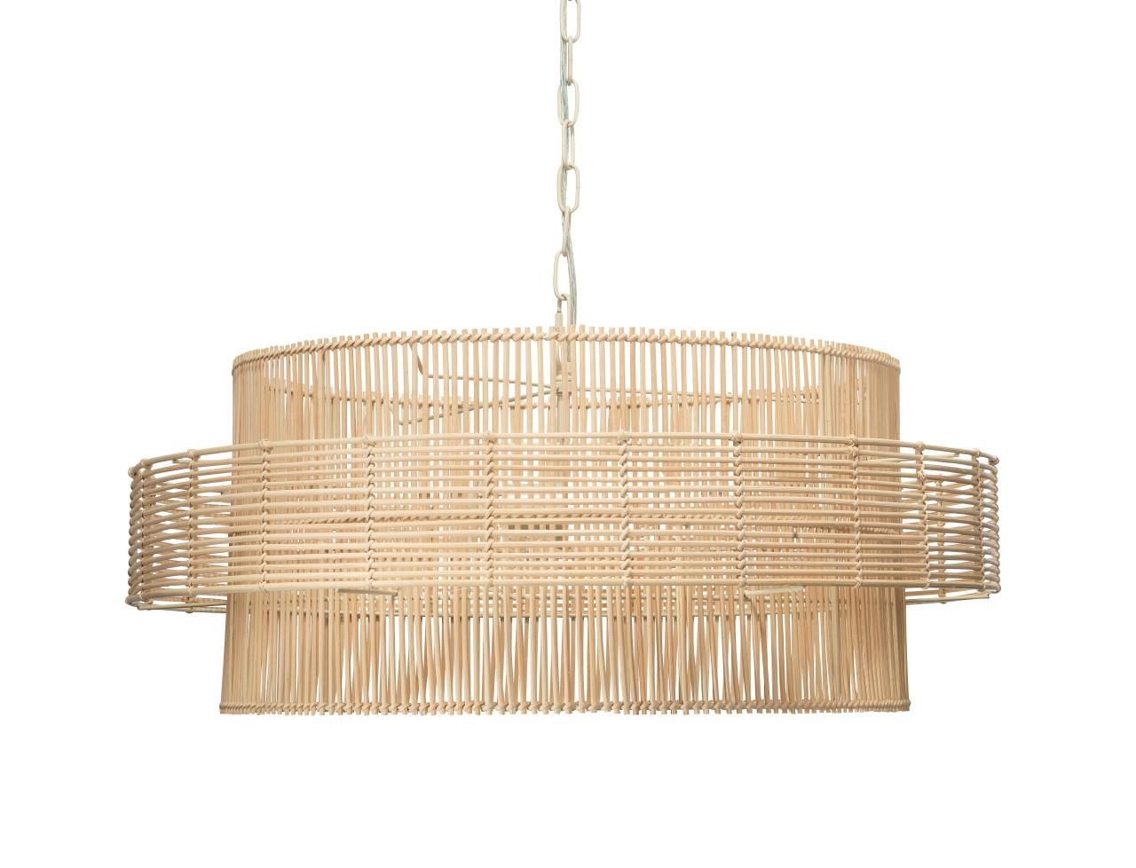Handwoven rattan chandelier photographed on a clean white studio background.