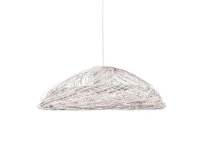 Handwoven rattan chandelier photographed on a clean white studio background.