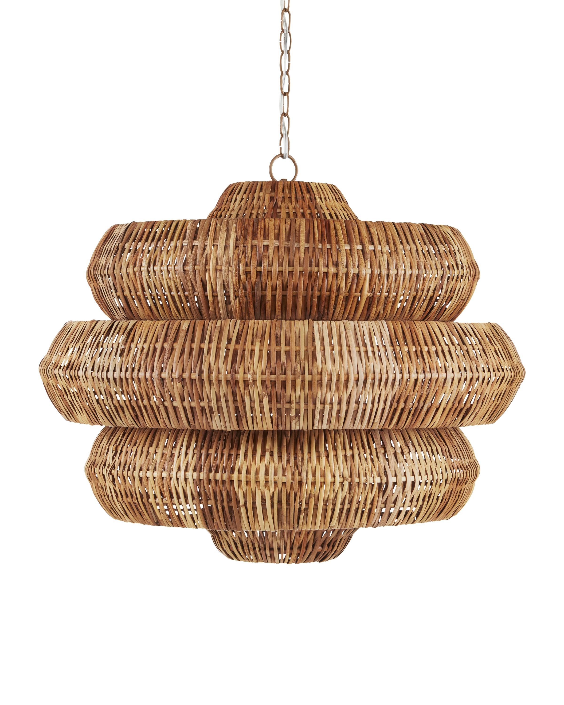 Handwoven rattan chandelier photographed on a clean white studio background.