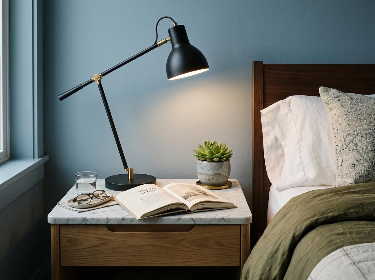 Reading table lamp positioned beside a bed in a luxury hotel guest room providing comfortable focused illumination for reading.