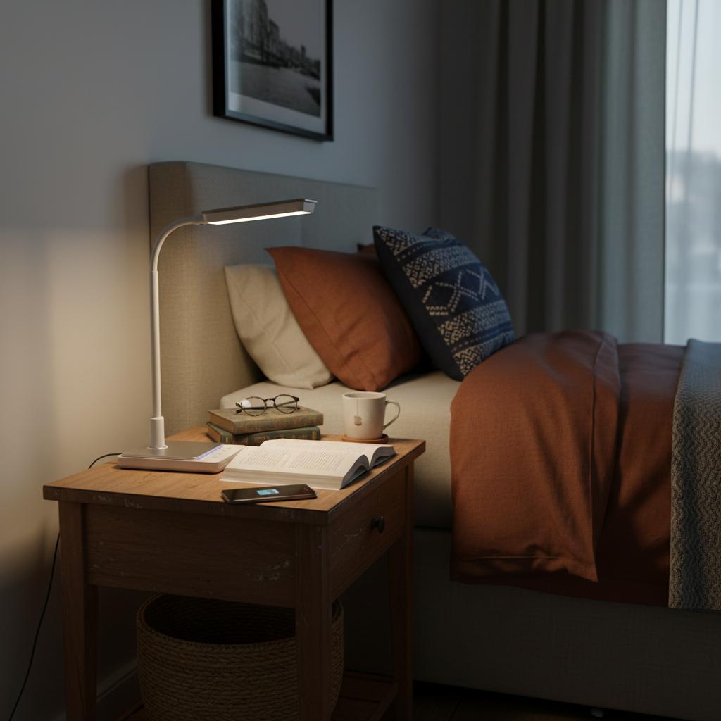 Reading table lamp positioned beside a bed in a luxury hotel guest room providing comfortable focused illumination for reading.