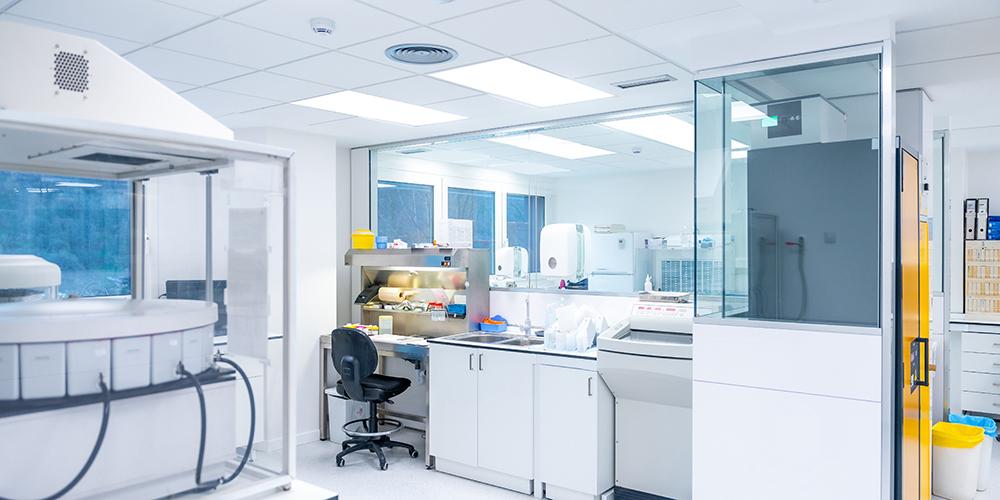 Recessed cleanroom fixtures installed in a contemporary healthcare environment.