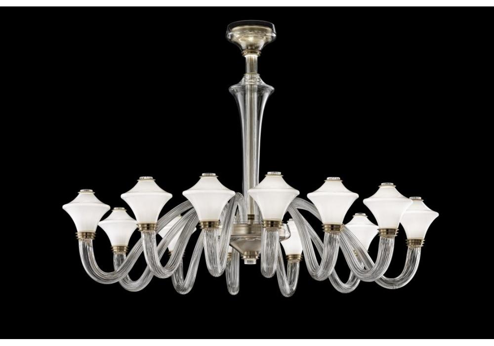 Front view of an elegant Murano chandelier featuring artistic hand-blown glass.
