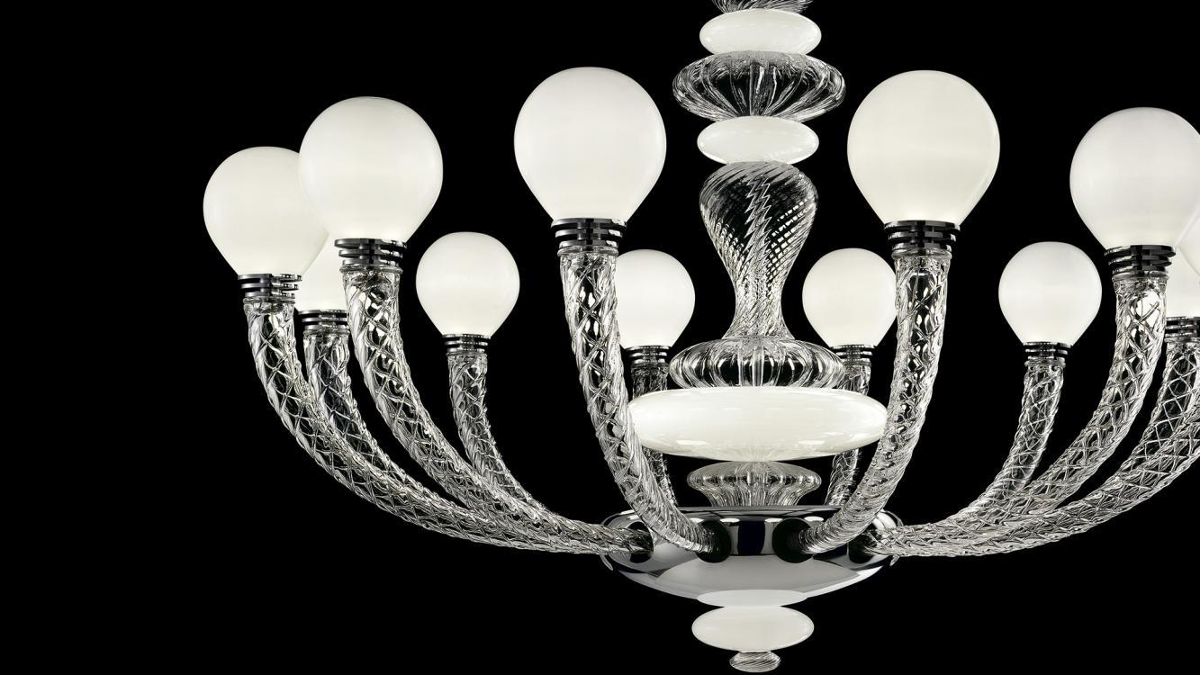 Front view of an elegant Murano chandelier featuring artistic hand-blown glass.