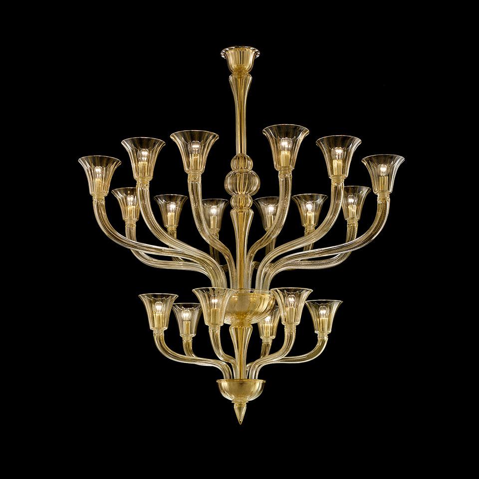 Front view of an elegant Murano chandelier featuring artistic hand-blown glass.