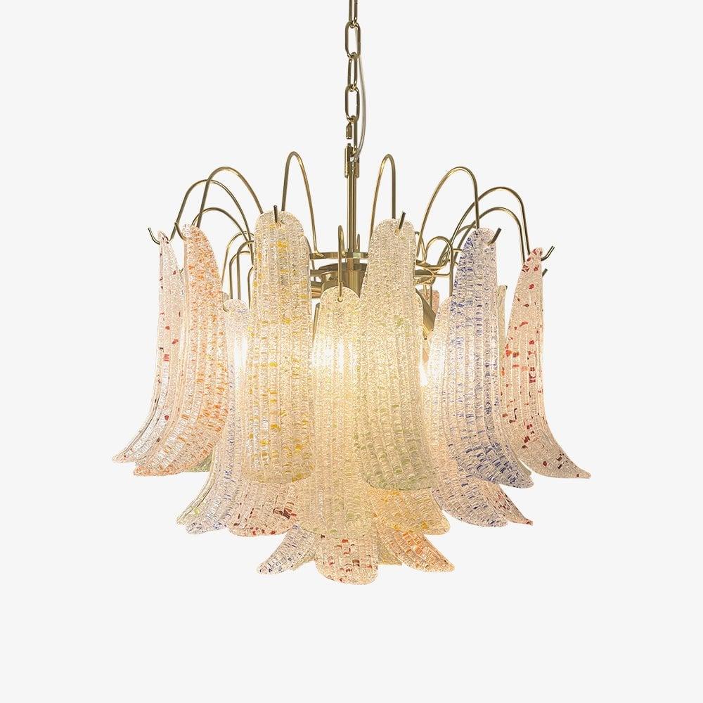 Front view of an elegant Murano chandelier featuring artistic hand-blown glass.