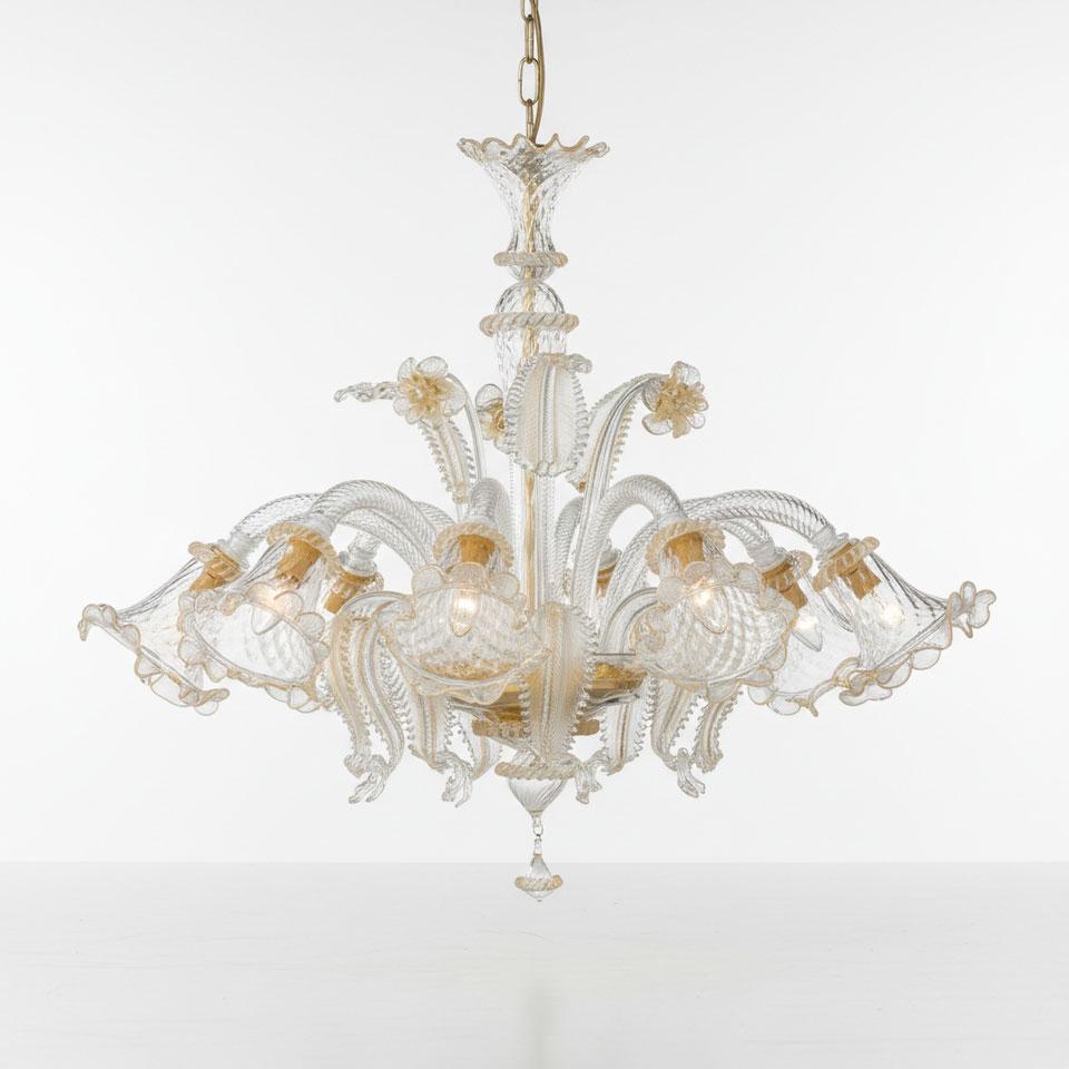 Front view of an elegant Murano chandelier featuring artistic hand-blown glass.