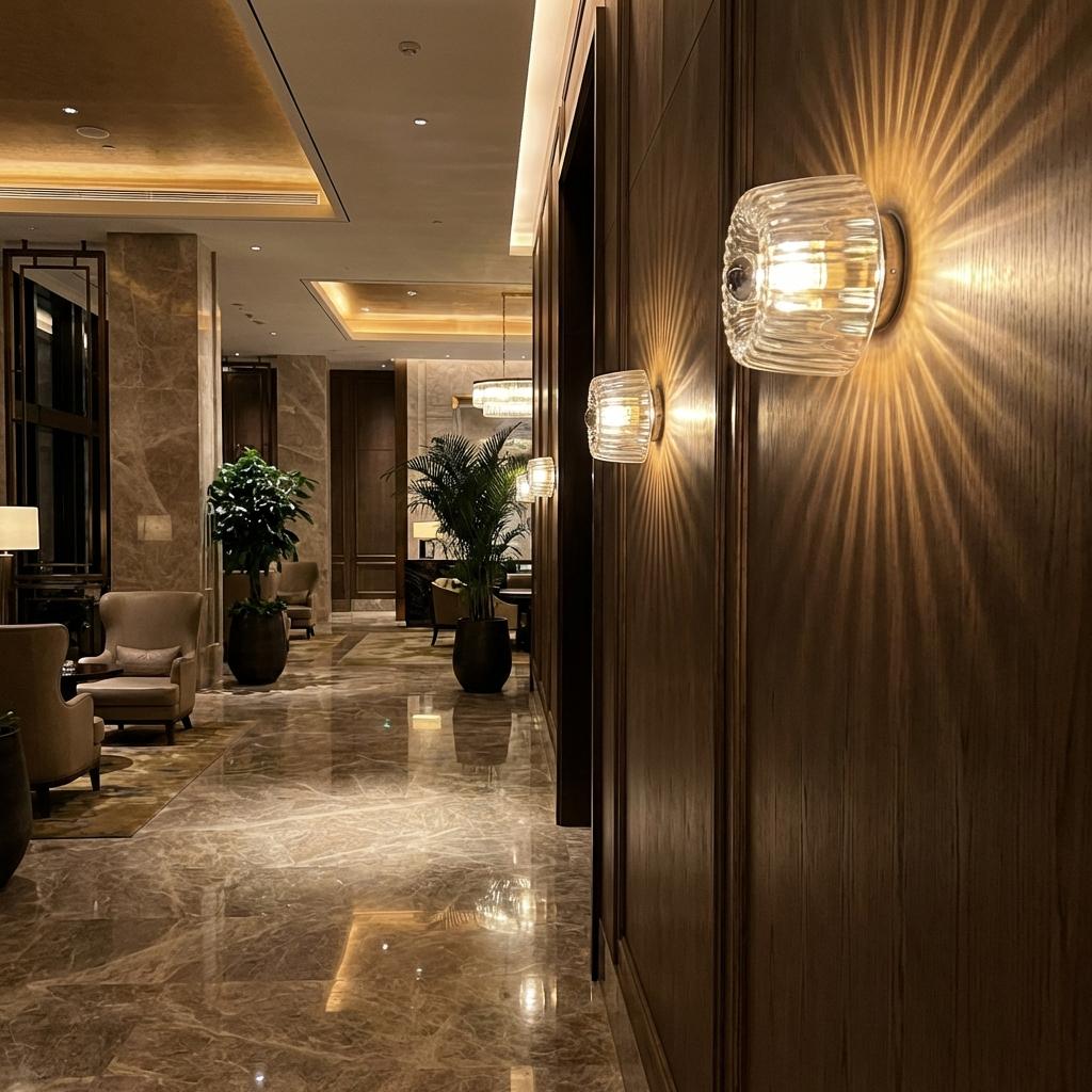 Crystal wall lamp installed in a luxury hotel lobby with refined architectural interiors.