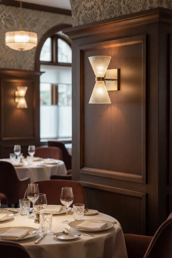 Art Deco wall lamp installed in a luxury boutique hotel with refined Art Deco architectural interiors.