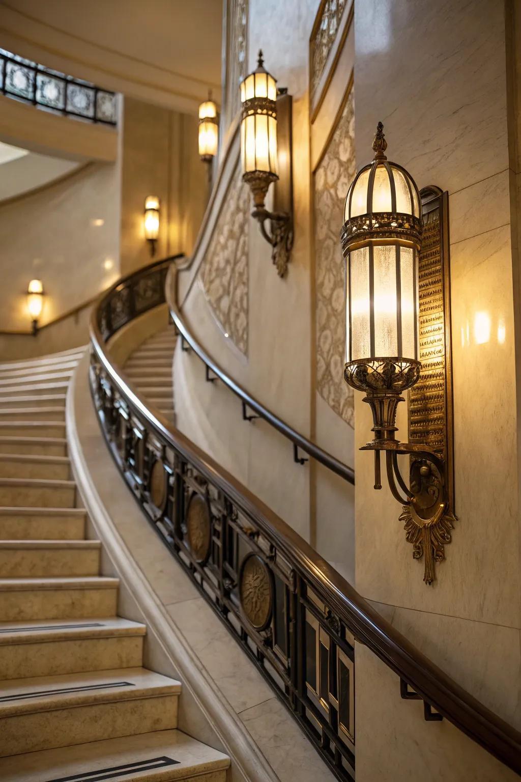 Art Deco wall lamp installed in a luxury boutique hotel with refined Art Deco architectural interiors.