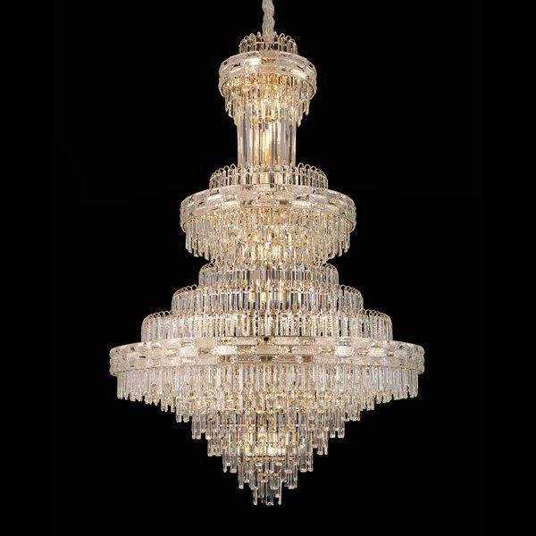 Front view of an elegant tiered chandelier featuring layered architectural composition.