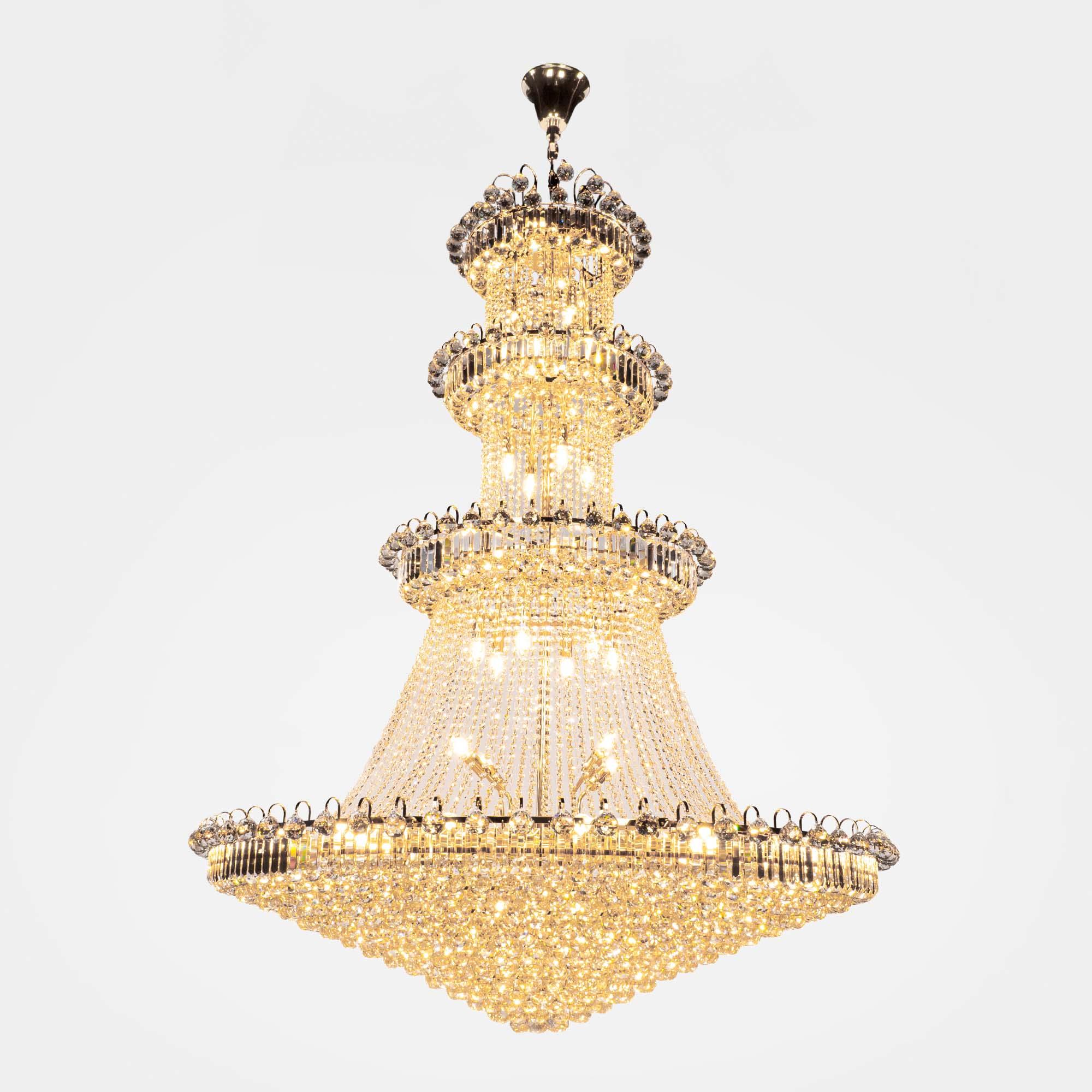 Front view of an elegant tiered chandelier featuring layered architectural composition.