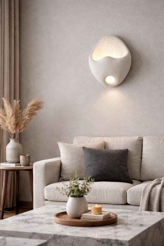 Organic wall lamp installed in a modern luxury residence with warm organic architectural styling.