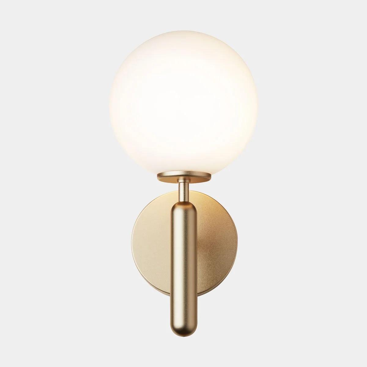 Front view of a contemporary globe wall lamp featuring opal glass and refined metal detailing.