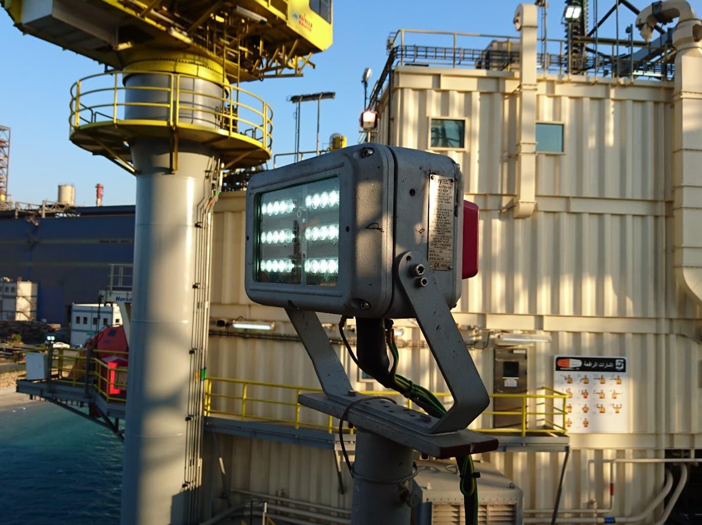 ATEX Zone 1 explosion-proof fixtures installed in a hazardous industrial environment.