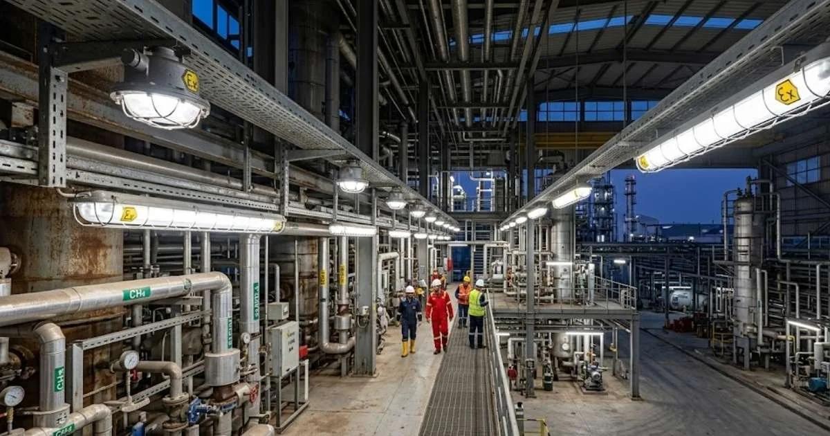 ATEX Zone 1 explosion-proof fixtures installed in a hazardous industrial environment.