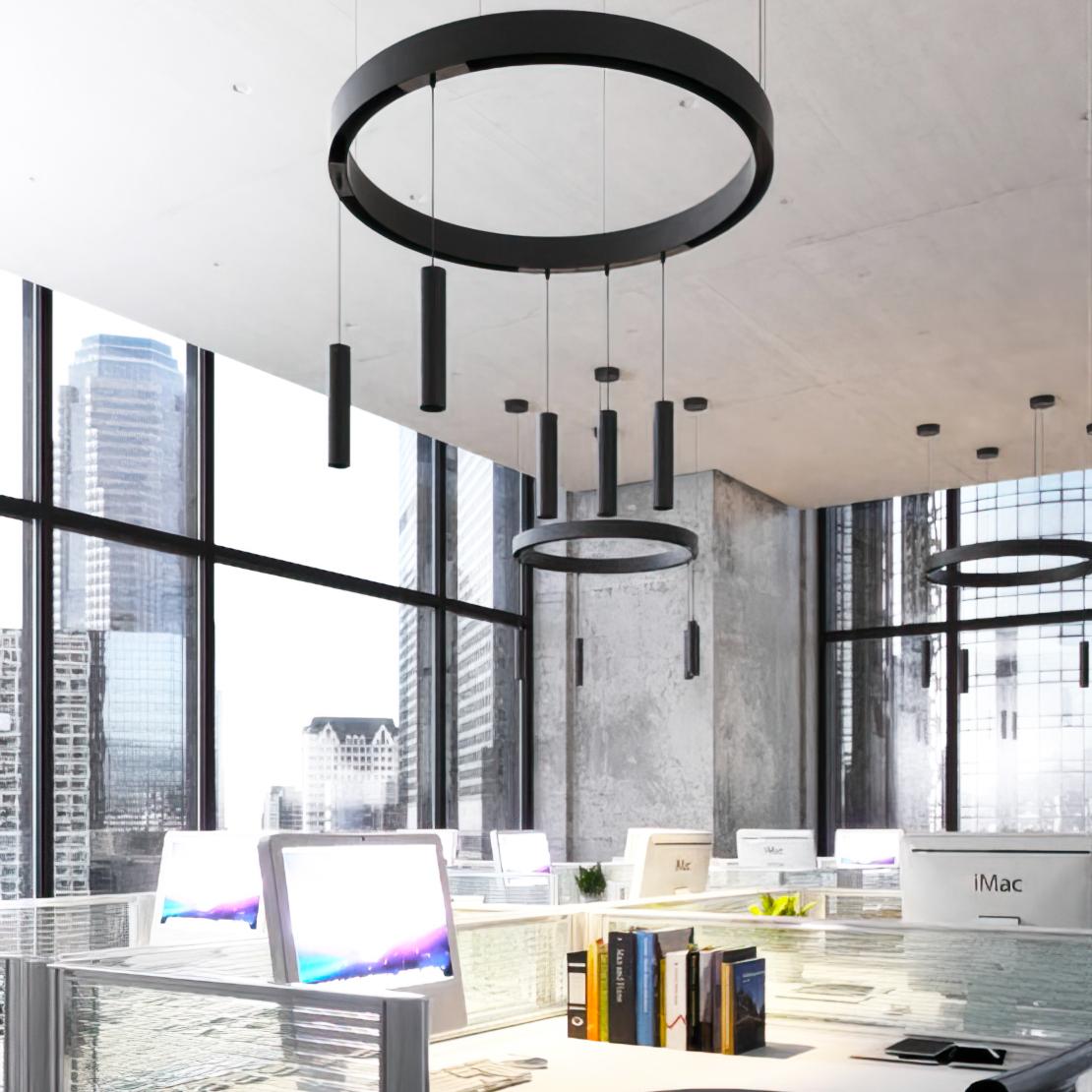 Magnetic pendant lights installed in a contemporary architectural interior.