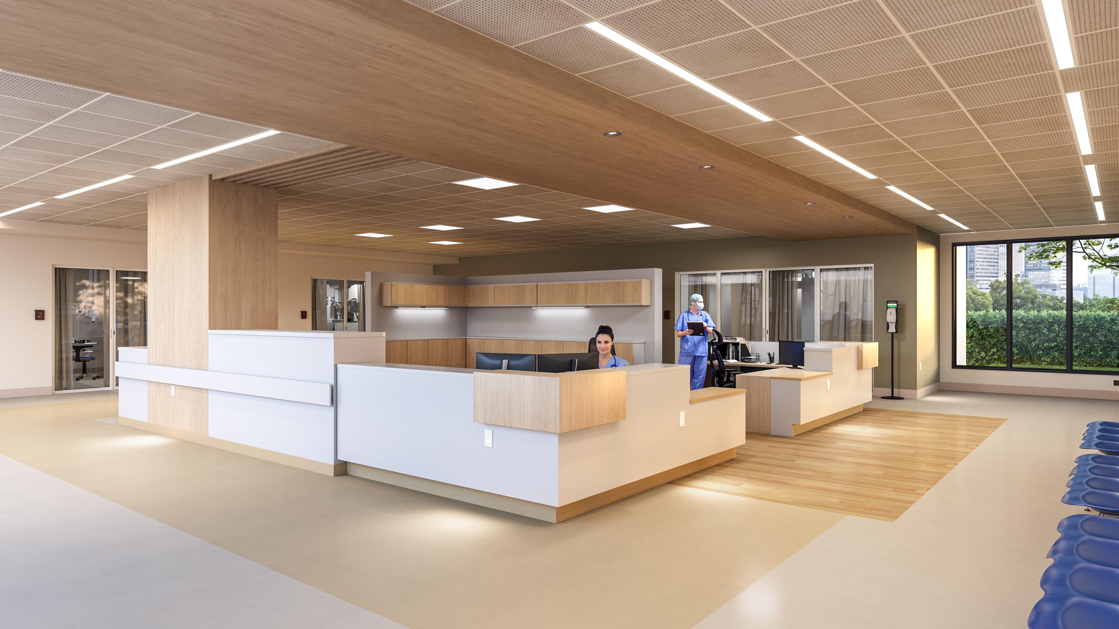 Tunable white recessed downlights installed in a modern healthcare environment.