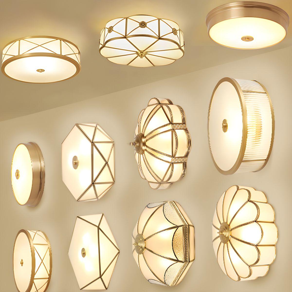 Art Deco ceiling light collection featuring different geometric brass and glass designs