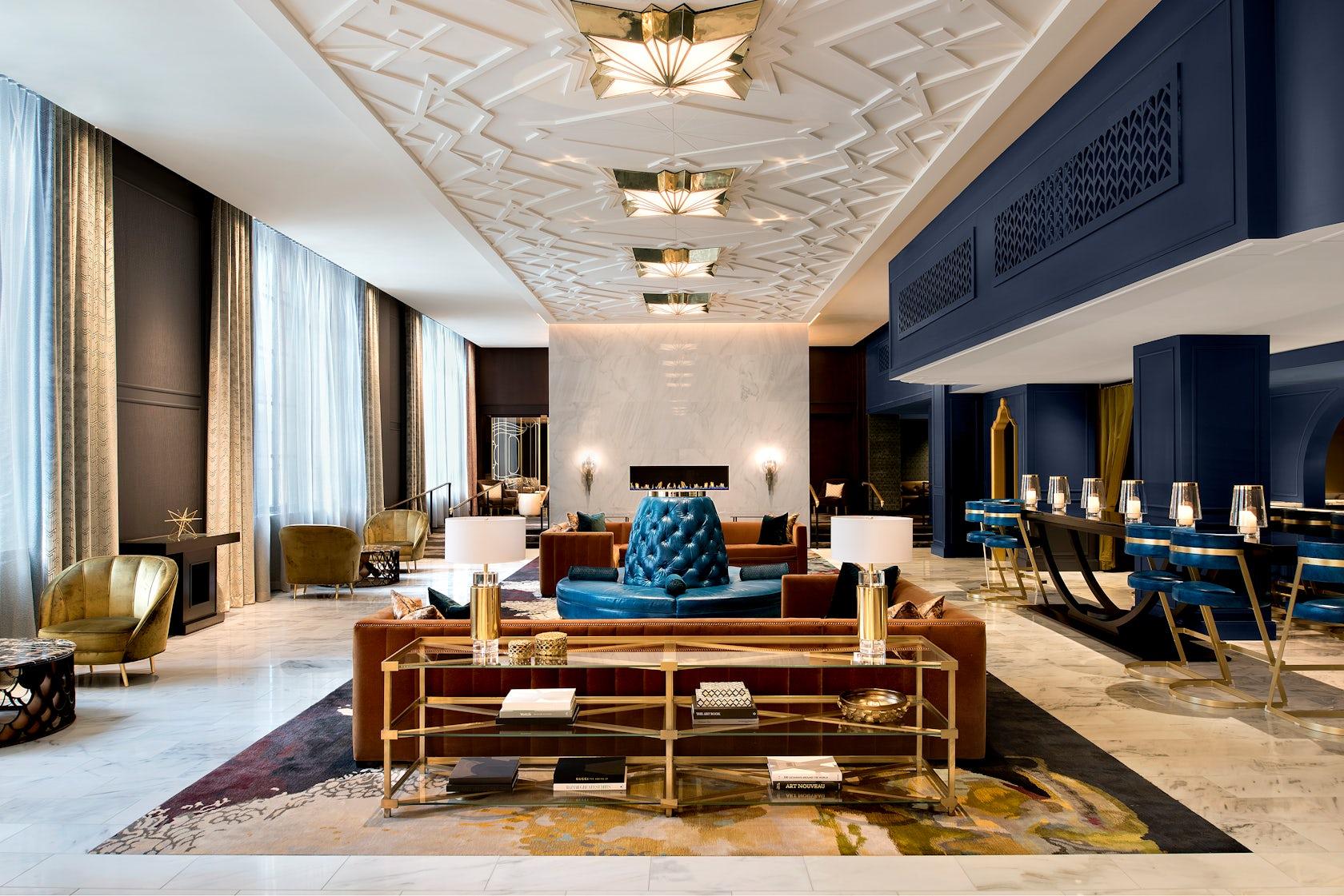 Art Deco ceiling lighting creating a distinctive atmosphere in a boutique hotel interior