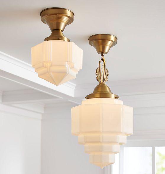 Art Deco ceiling light collection featuring different geometric brass and glass designs