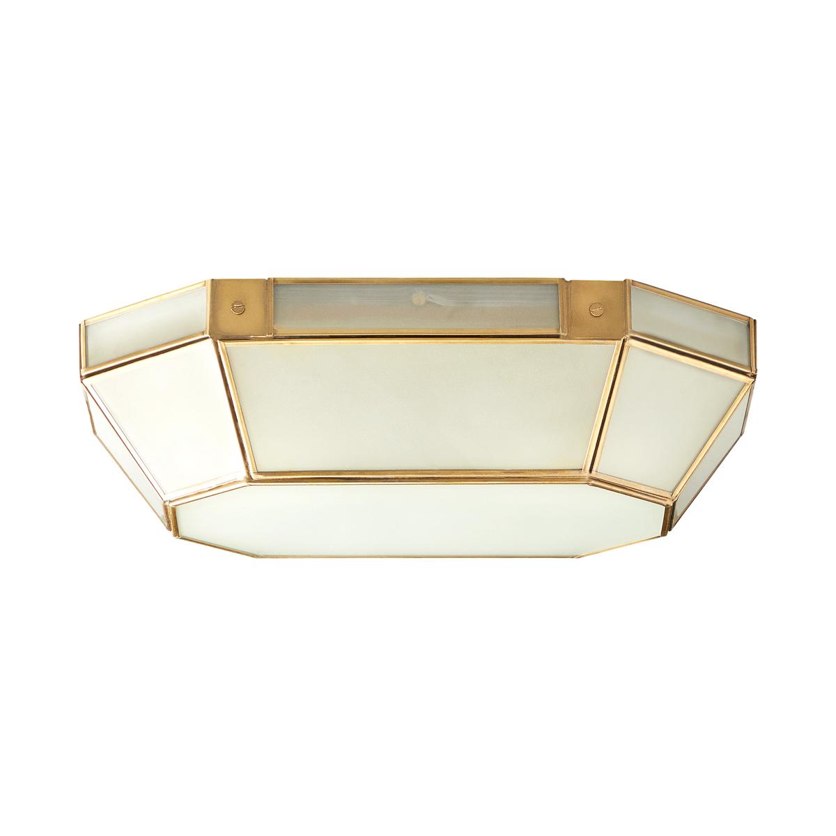 Art Deco ceiling light with geometric brass detailing and opal glass on a white background