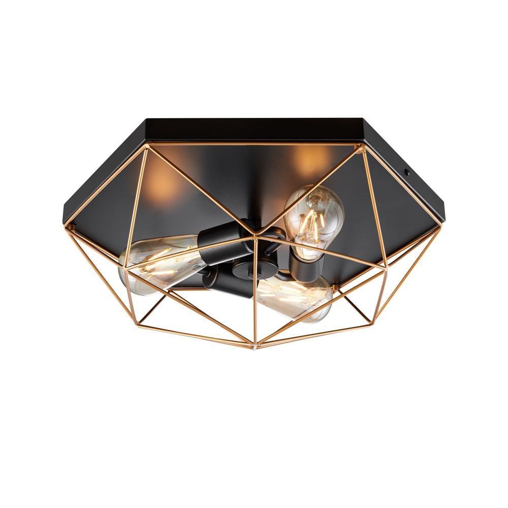Art Deco ceiling light with a bold black and brass geometric structure on a white background